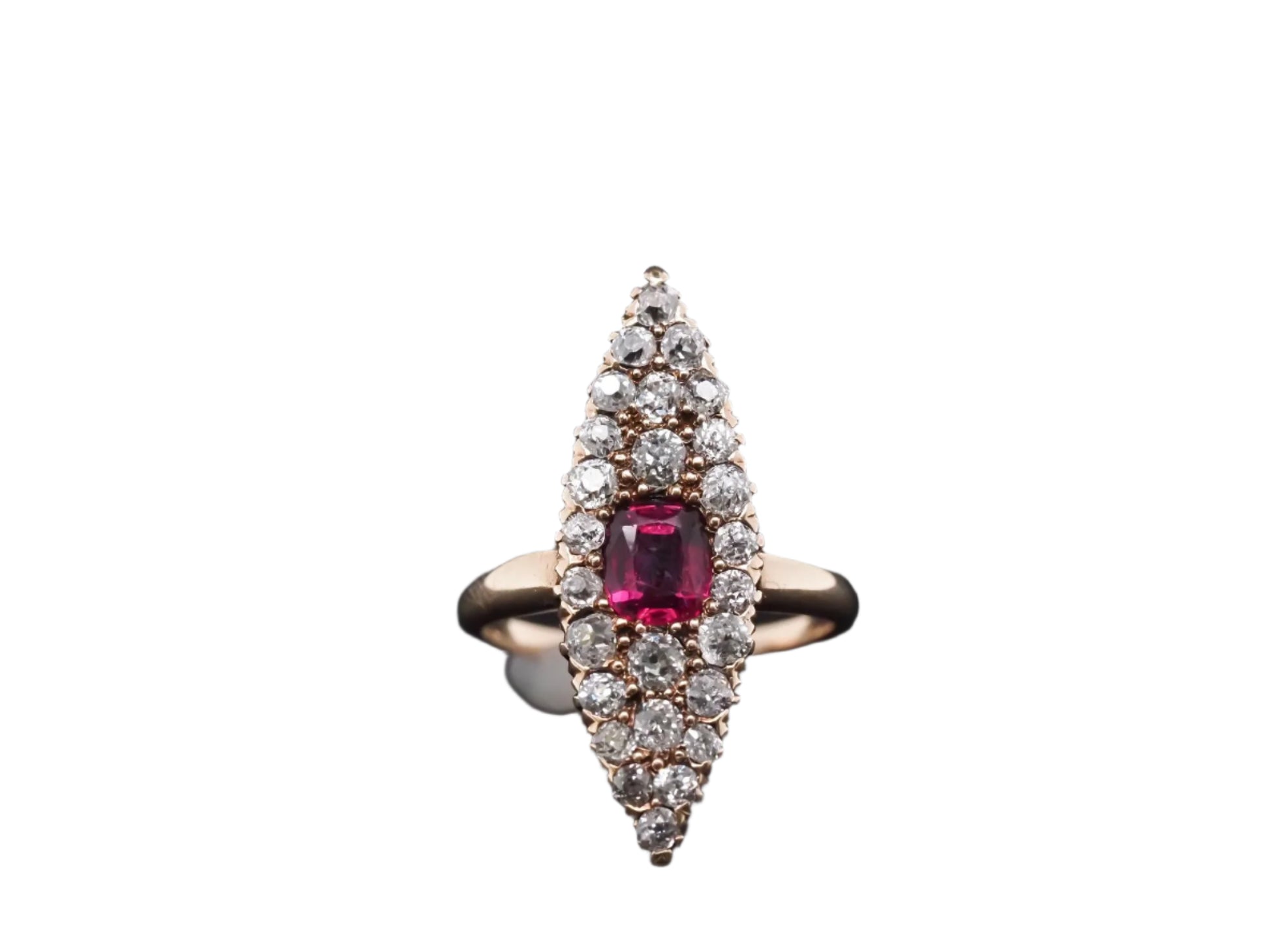 Circa 1900s Ruby and Old Mine Diamond Navette Ring