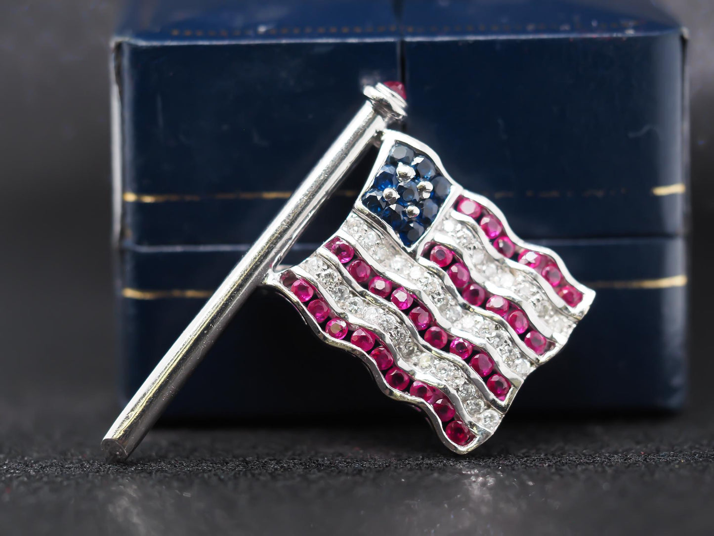 Craig Drake 18K White Gold American Flag Brooch with Rubies, Sapphires, Diamonds