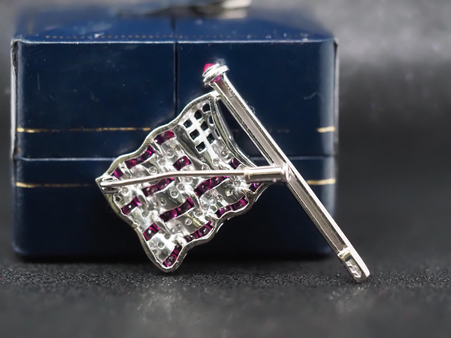 Craig Drake 18K White Gold American Flag Brooch with Rubies, Sapphires, Diamonds