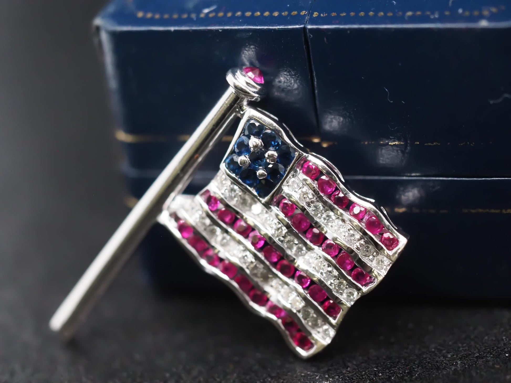 Craig Drake 18K White Gold American Flag Brooch with Rubies, Sapphires, Diamonds