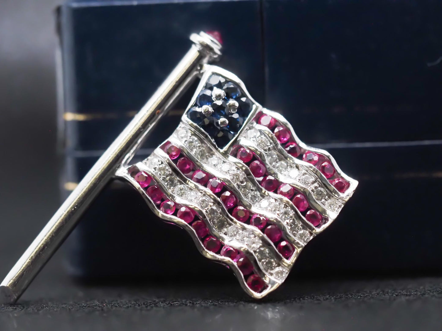 Craig Drake 18K White Gold American Flag Brooch with Rubies, Sapphires, Diamonds