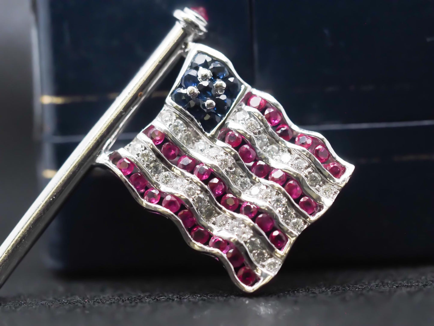 Craig Drake 18K White Gold American Flag Brooch with Rubies, Sapphires, Diamonds