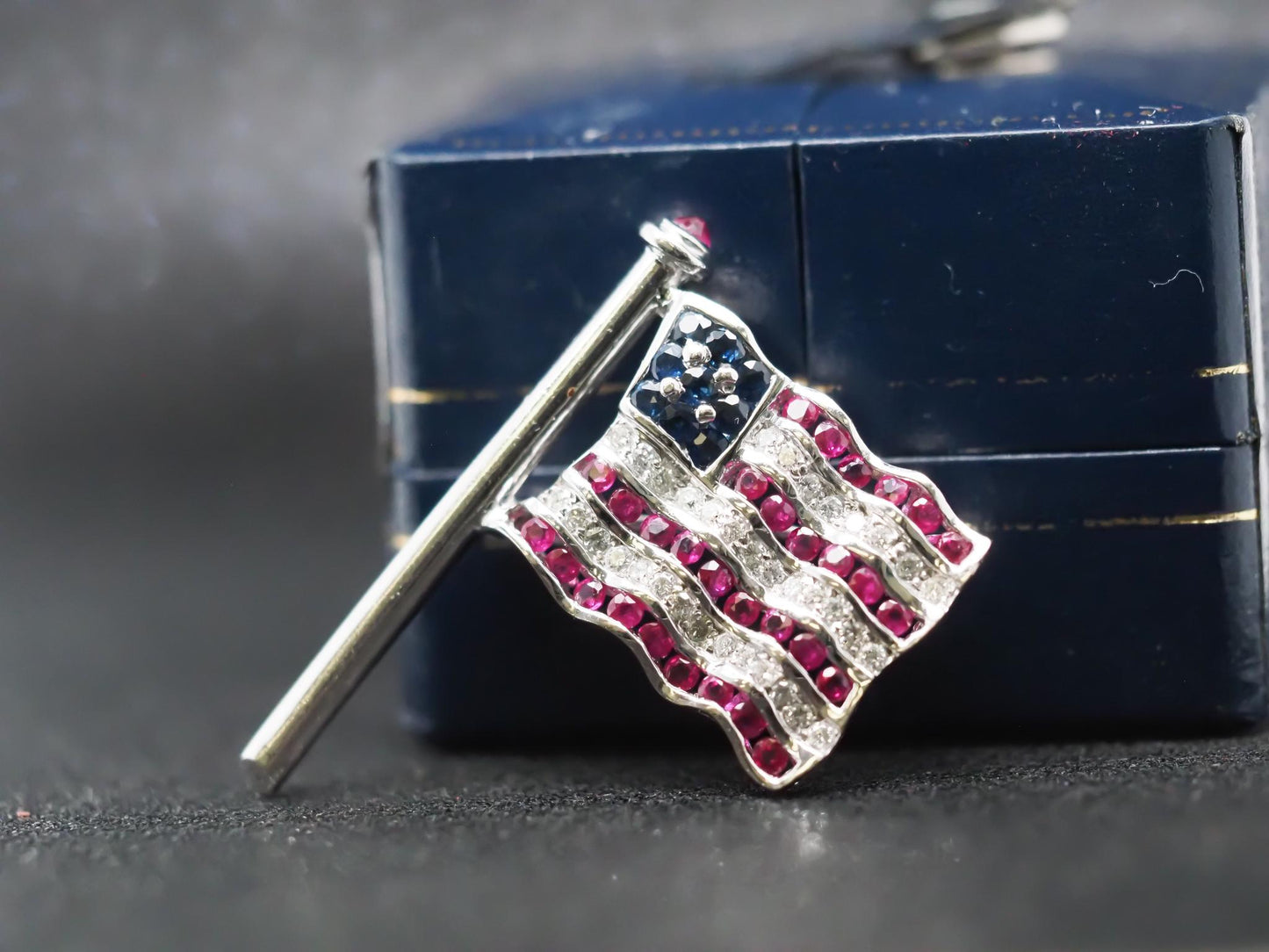 Craig Drake 18K White Gold American Flag Brooch with Rubies, Sapphires, Diamonds