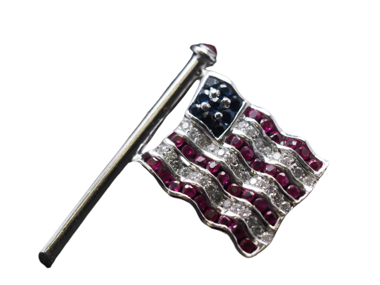 Craig Drake 18K White Gold American Flag Brooch with Rubies, Sapphires, Diamonds