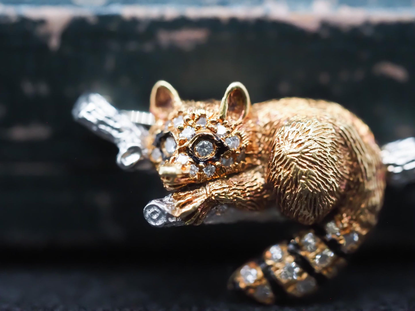 McTeigue & Co Raccoon Pin Pendant Platinum and 18K gold with Diamonds circa 1950