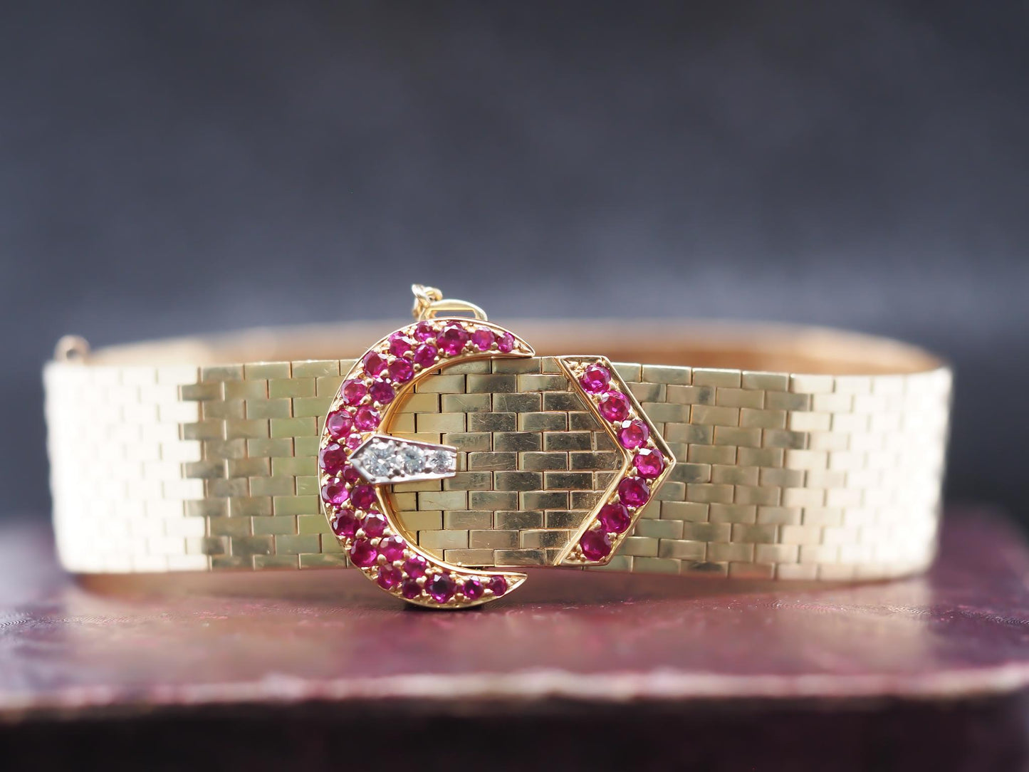 Tiffany & Co. 14K Yellow Gold and Platinum with Ruby and Diamond Buckle Bracelet