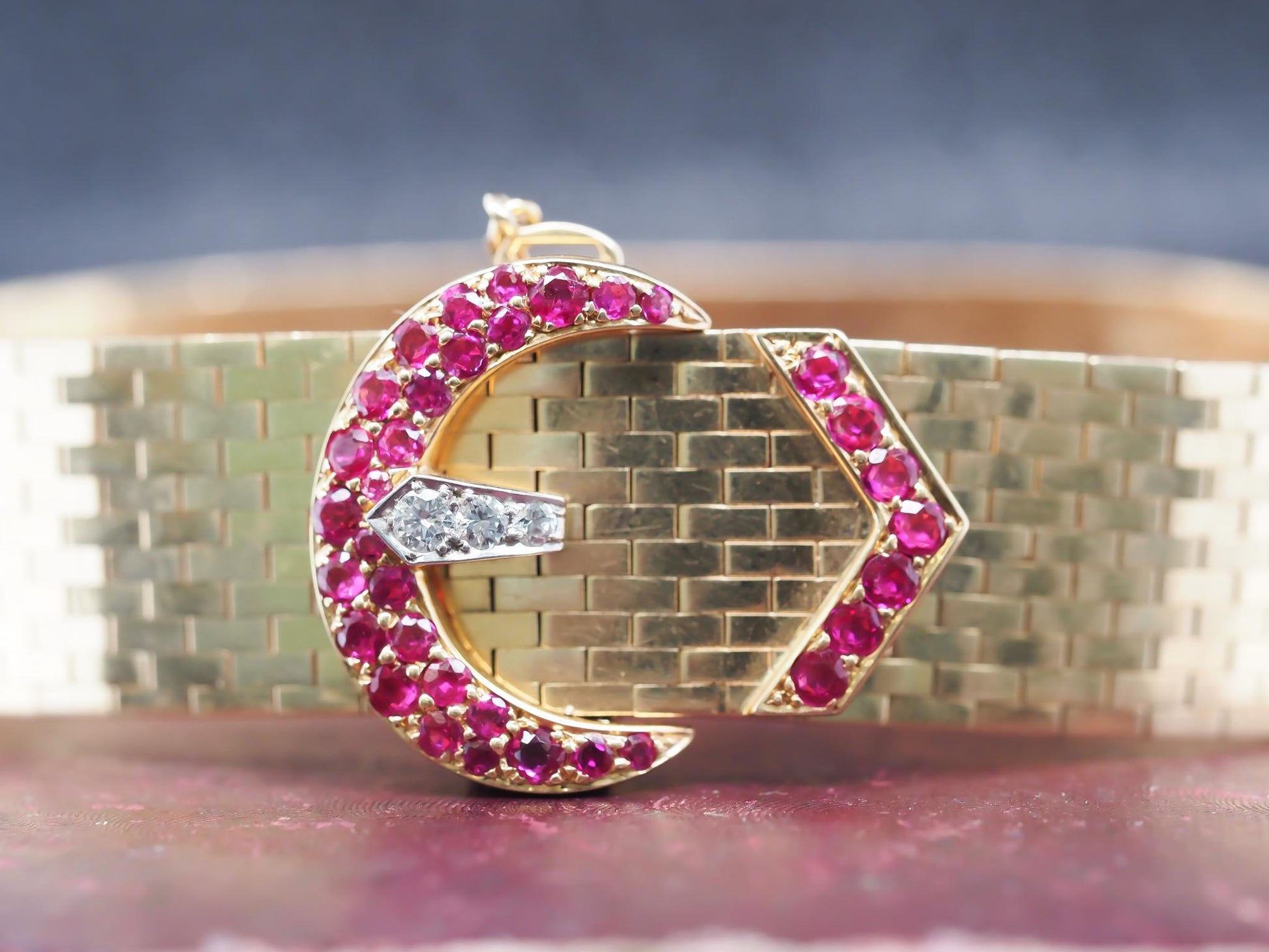 Tiffany & Co. 14K Yellow Gold and Platinum with Ruby and Diamond Buckle Bracelet