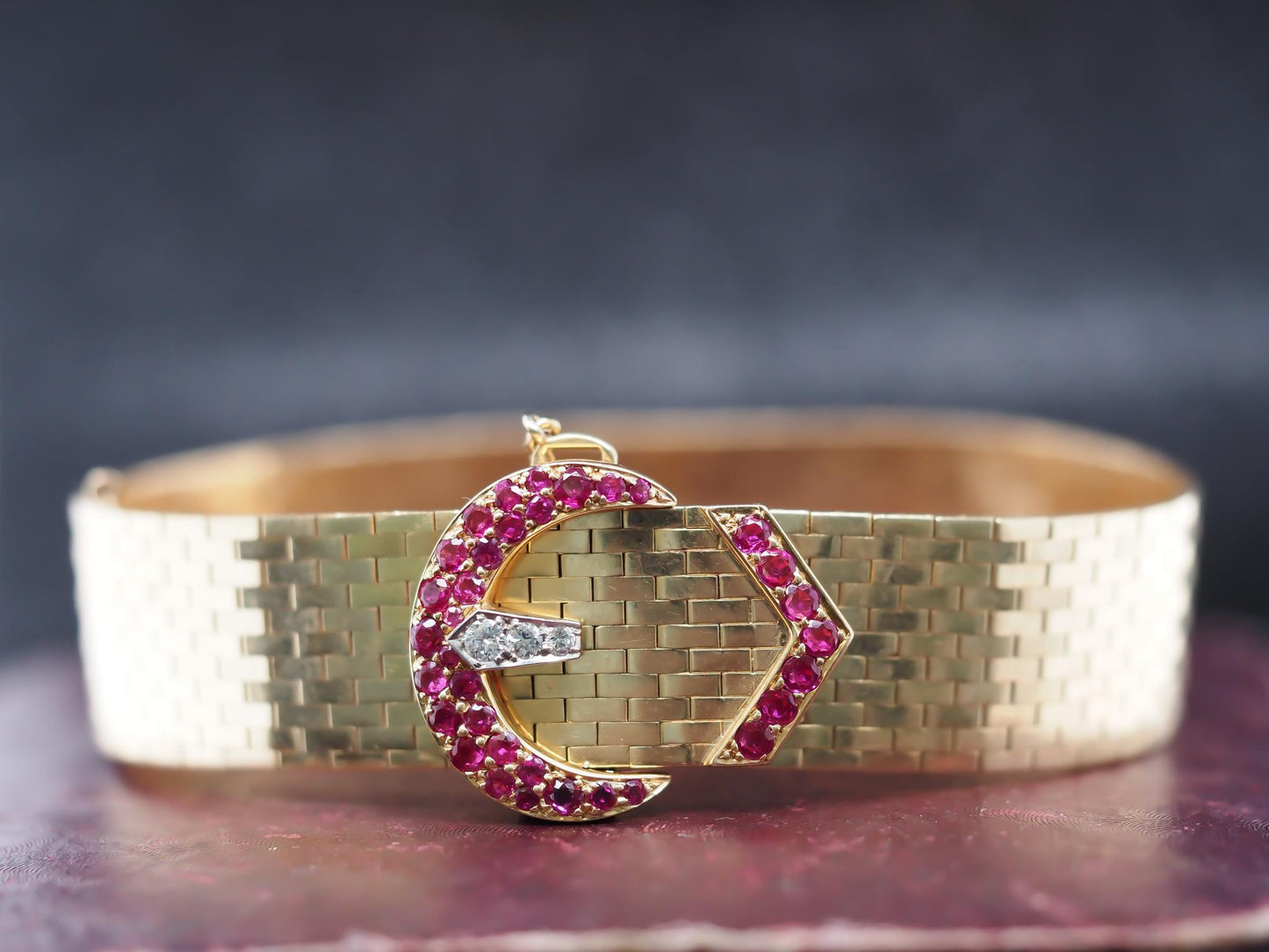 Tiffany & Co. 14K Yellow Gold and Platinum with Ruby and Diamond Buckle Bracelet