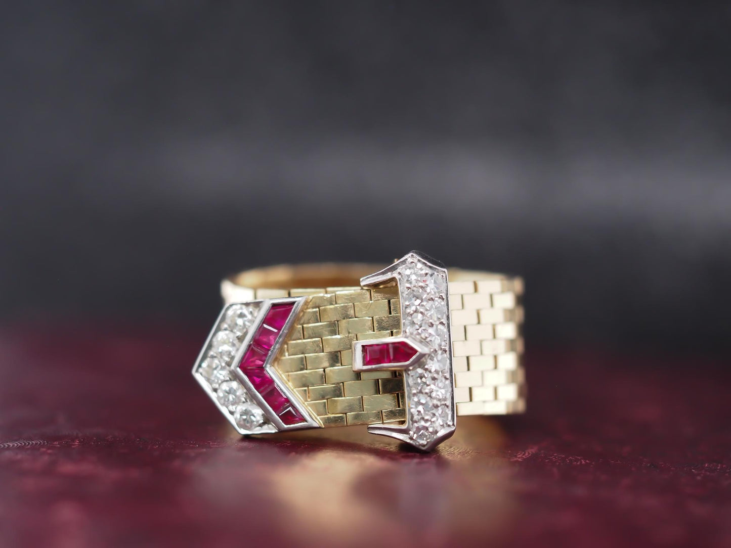 Retro Vintage Tiffany & Co. 14K Yellow Gold Ruby & Diamond Adjustable Belt Ring