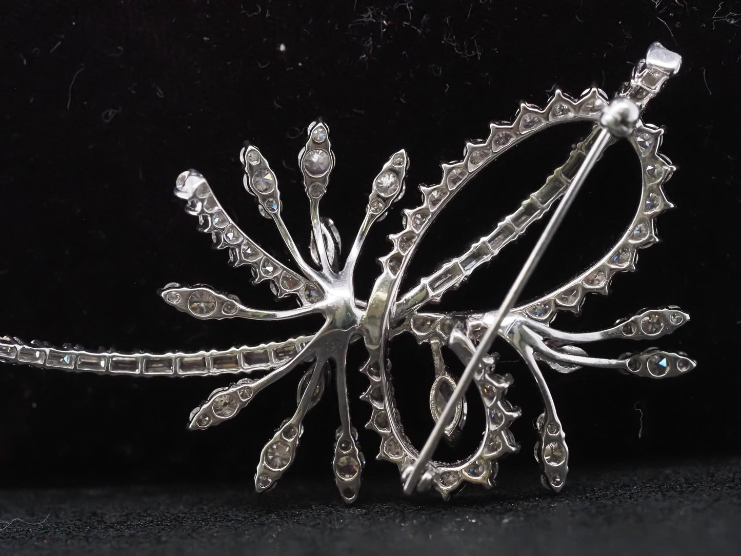 Vintage Large 14K White Gold Marquise, Baguette and Round Diamond Brooch