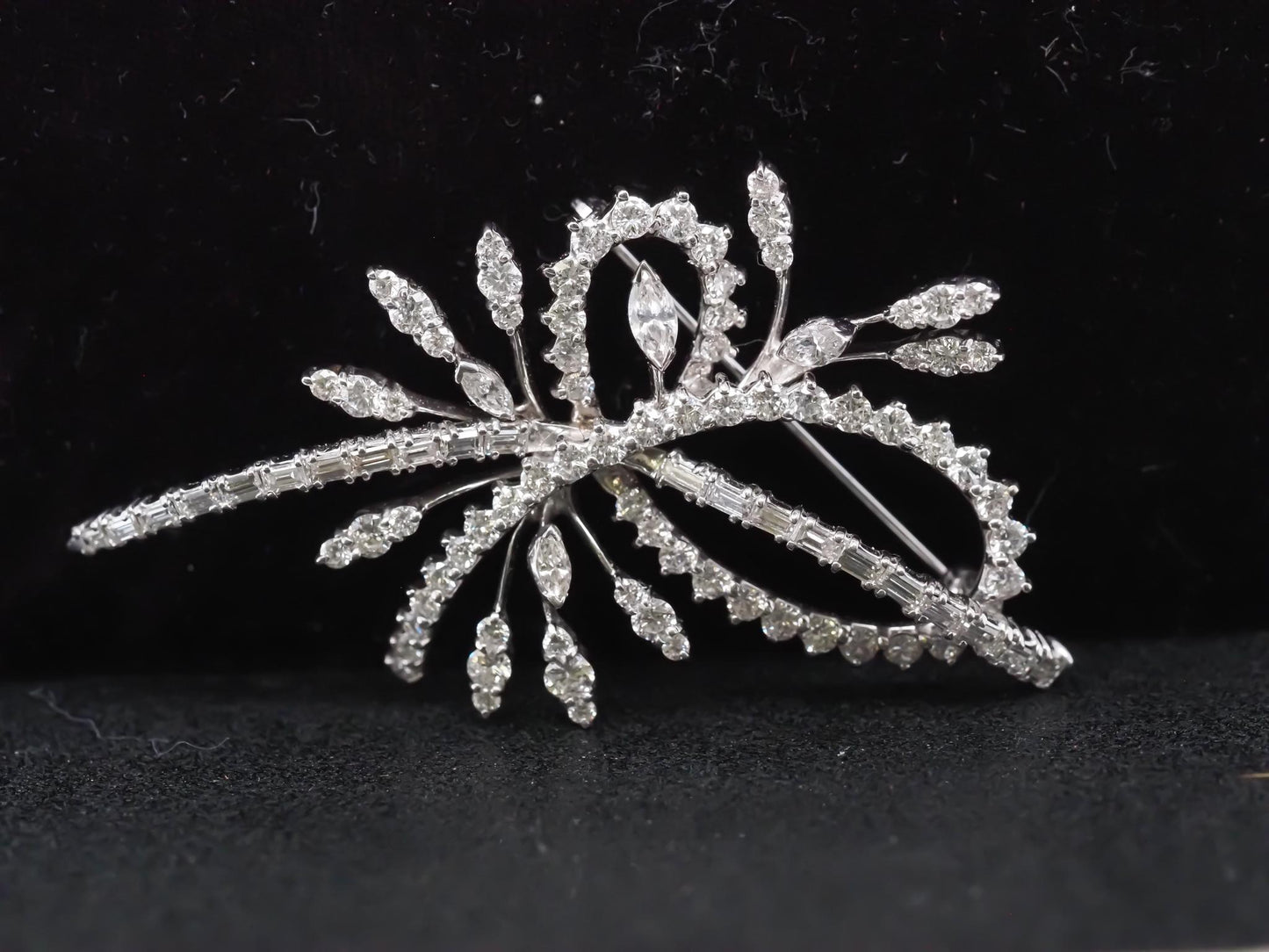 Vintage Large 14K White Gold Marquise, Baguette and Round Diamond Brooch