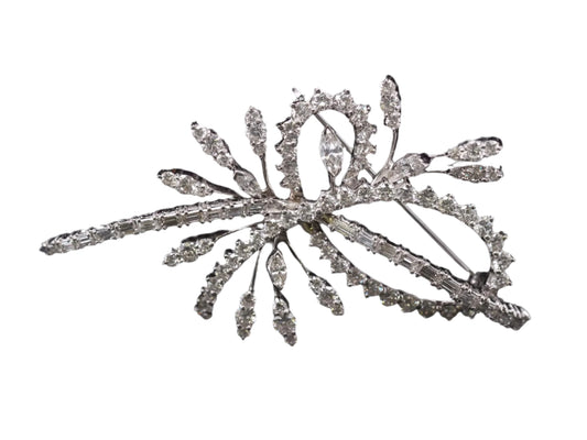 Vintage Large 14K White Gold Marquise, Baguette and Round Diamond Brooch