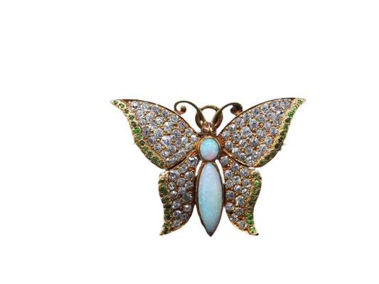 Edwardian 1900s Demantoid Garnet Opal Old Mine Diamond Butterfly Pendant/ Brooch