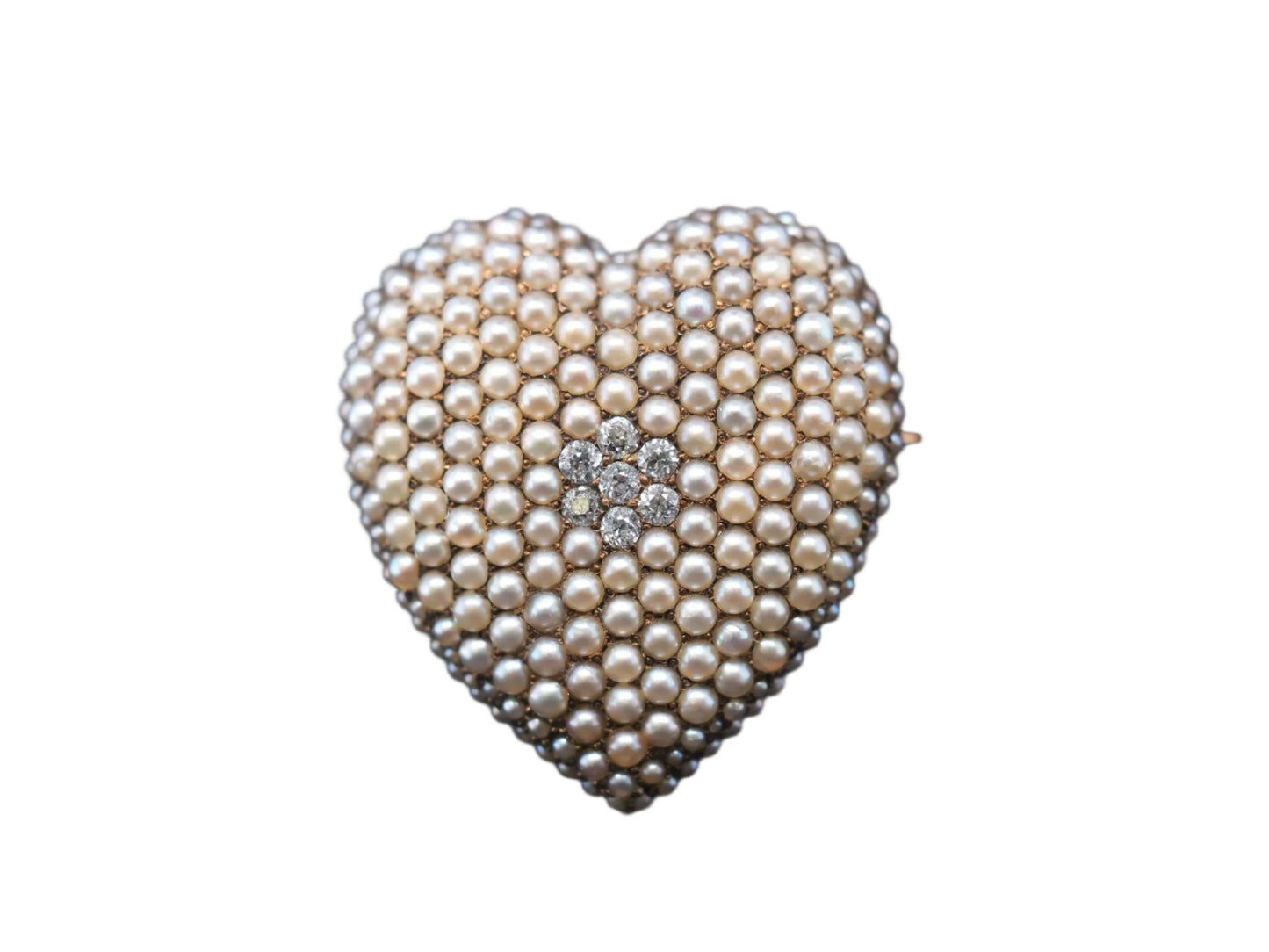 1890s Antique Old Mine Diamond and Seed Pearl Heart Pendant and Brooch