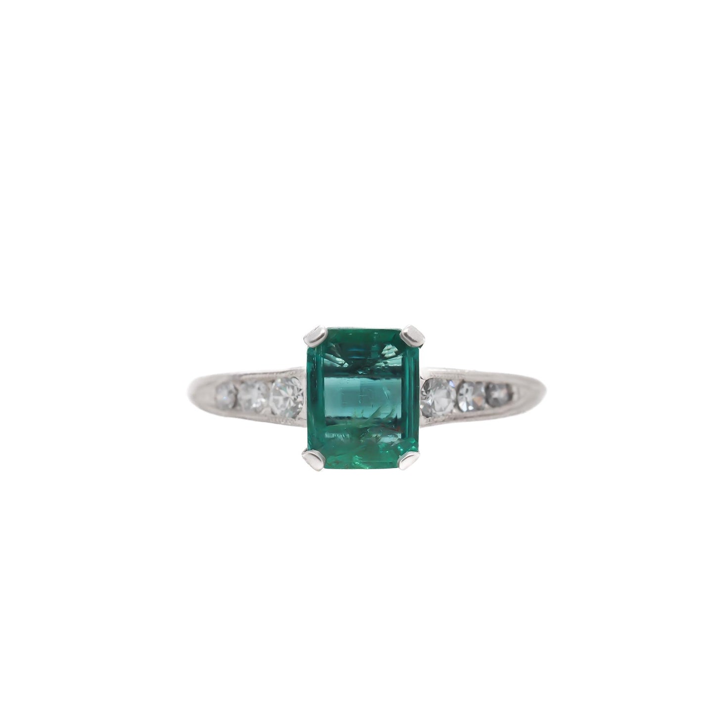 Circa 1920s Platinum Art Deco Emerald and Diamond Engagement Ring