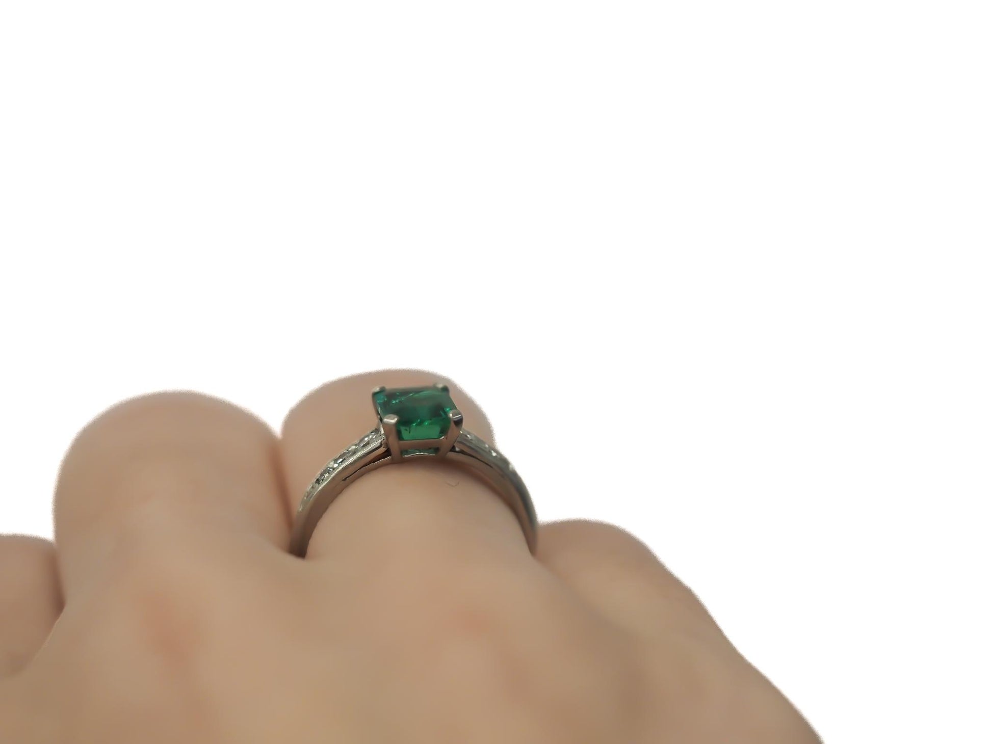 Circa 1920s Platinum Art Deco Emerald and Diamond Engagement Ring