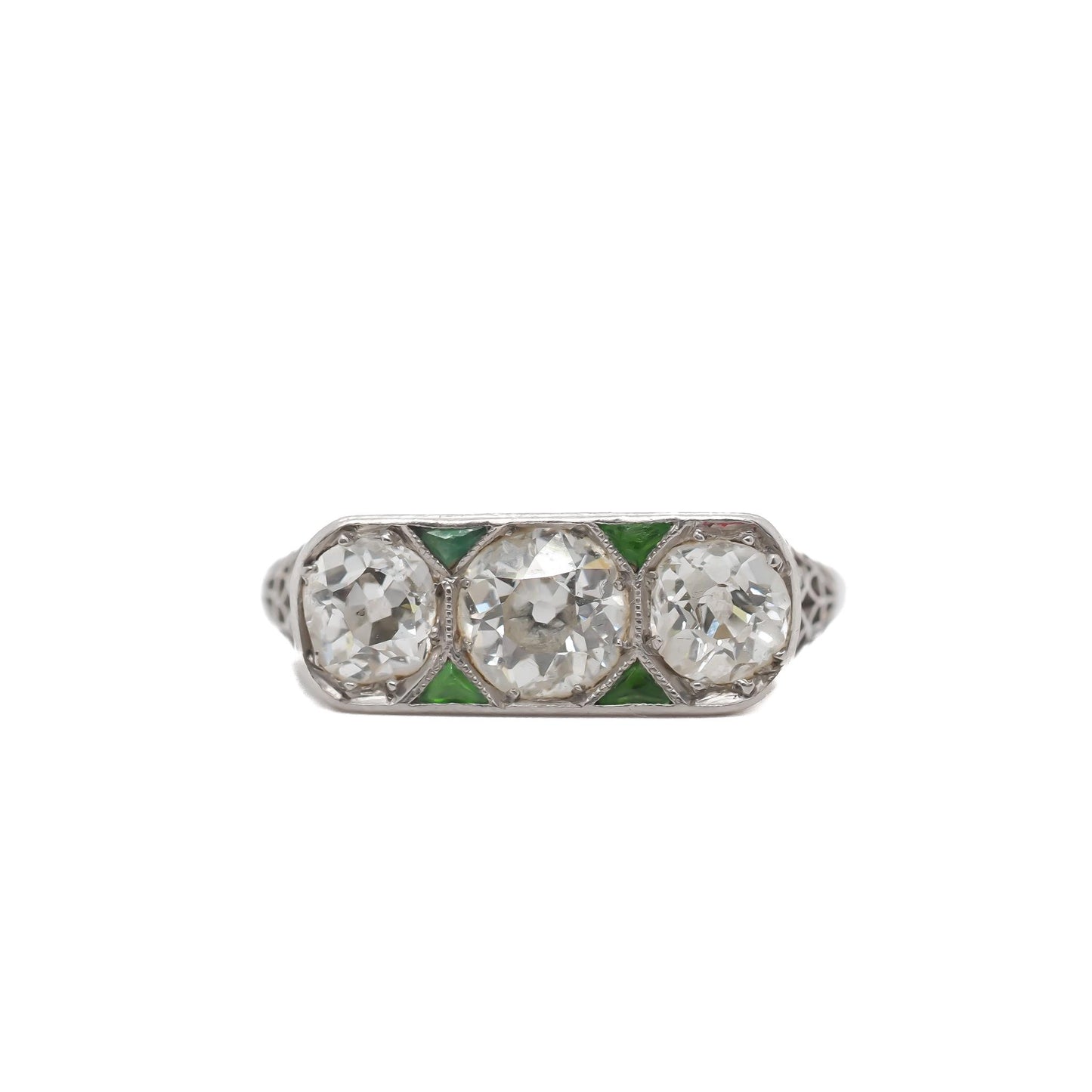 Circa 1920s Old European 3 Stone Diamond and Emerald Engagement Ring