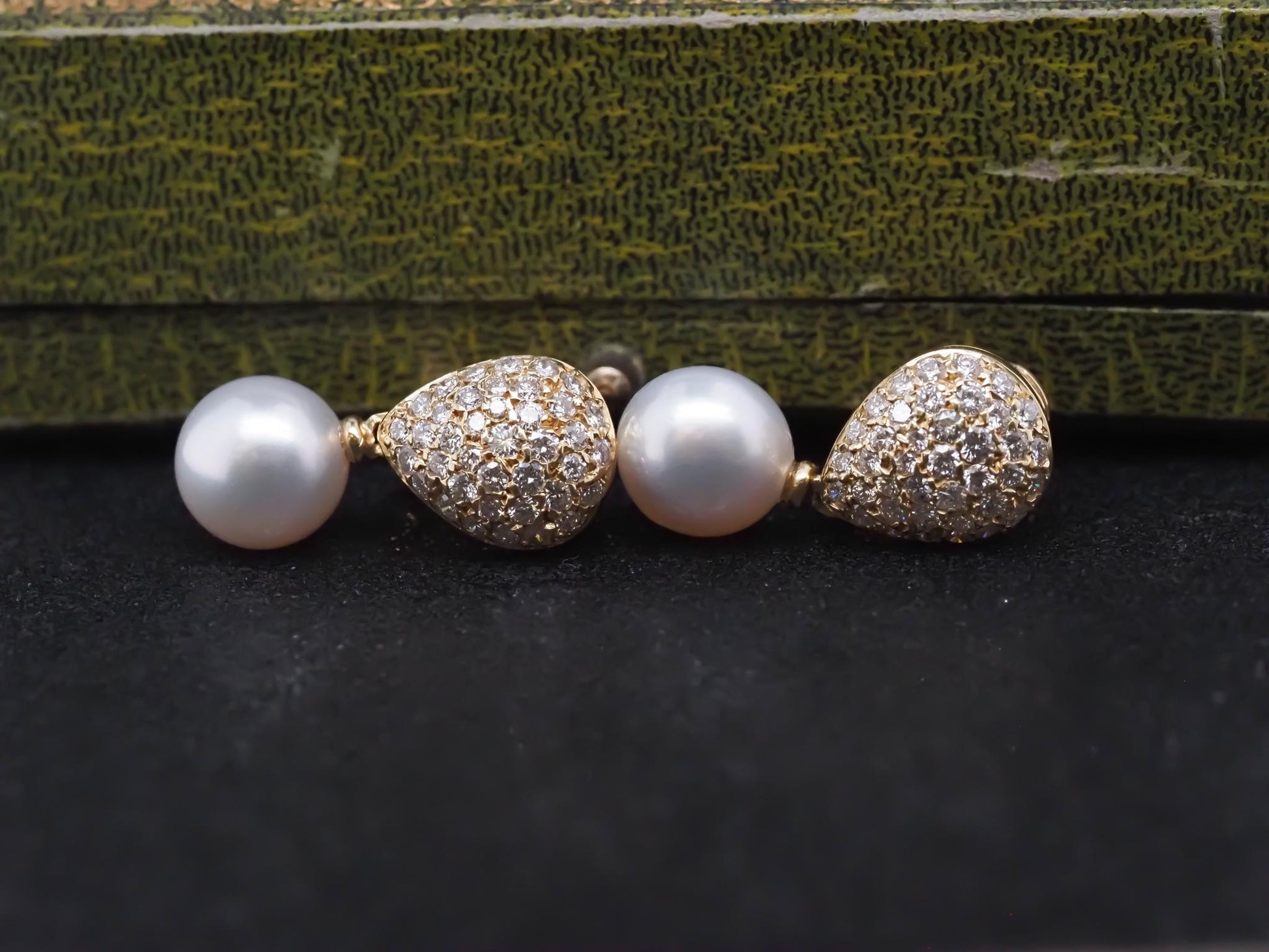 Estate 18K Yellow Gold Drop Earrings with Diamonds and Pearls