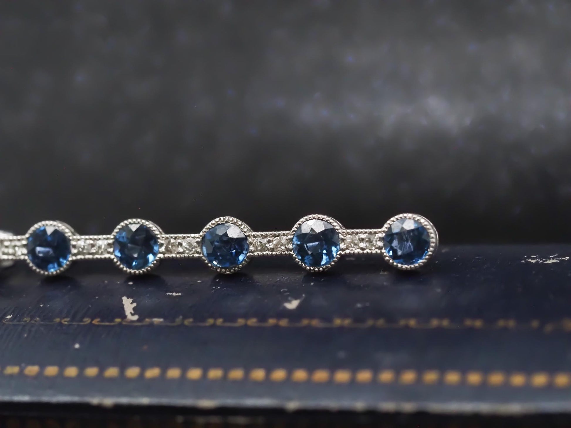 Estate Art Deco Platinum YOGO Sapphire and Diamond Line Brooch