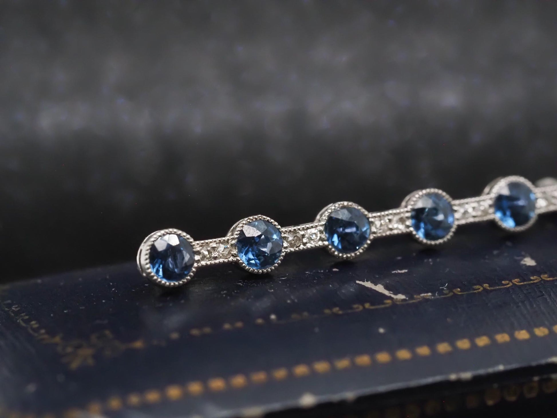 Estate Art Deco Platinum YOGO Sapphire and Diamond Line Brooch