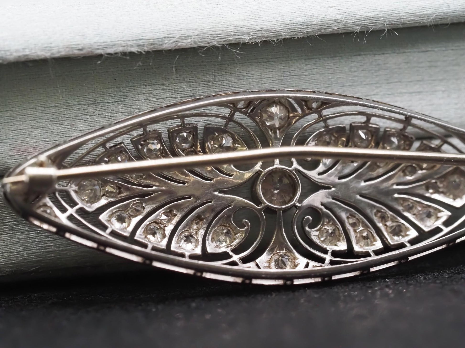 Estate Edwardian Platinum Navette Old European Diamond Brooch