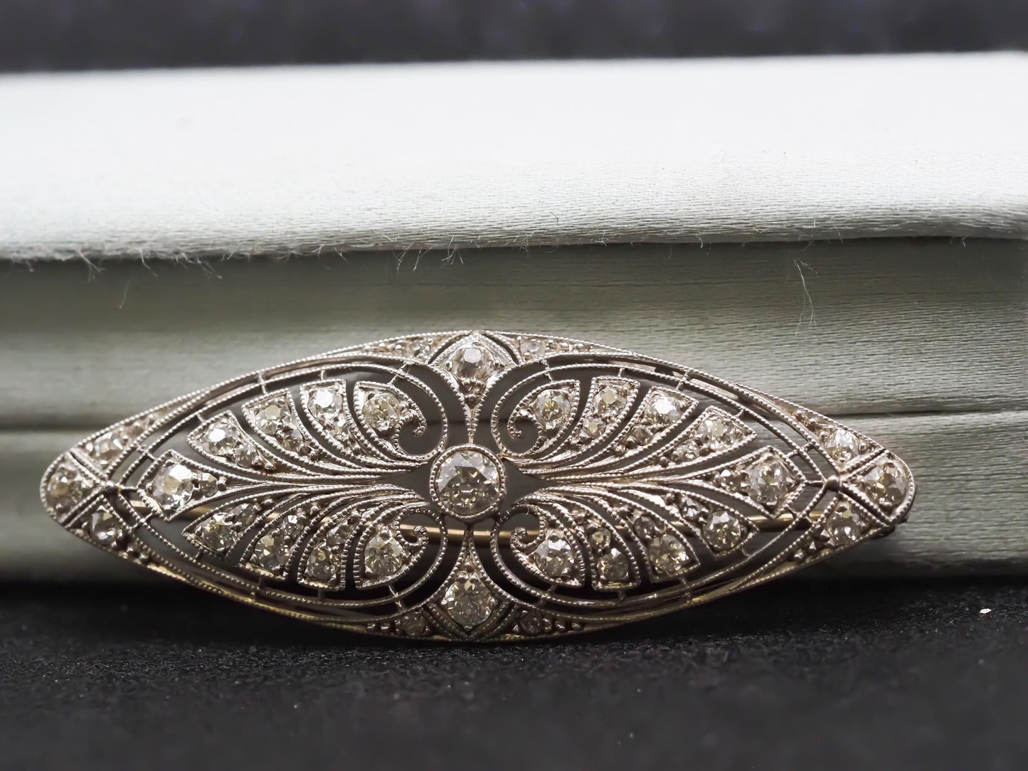 Estate Edwardian Platinum Navette Old European Diamond Brooch