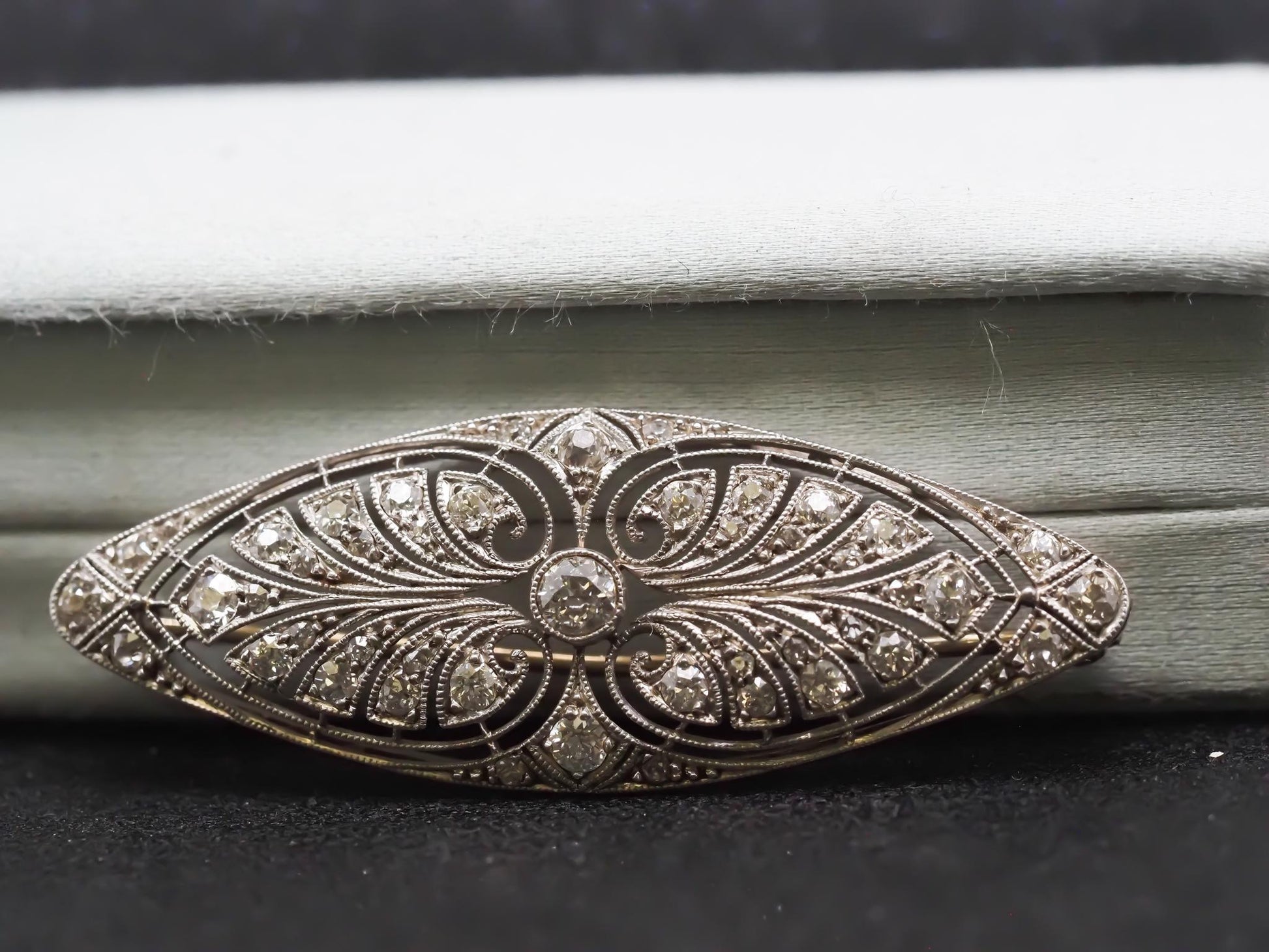 Estate Edwardian Platinum Navette Old European Diamond Brooch