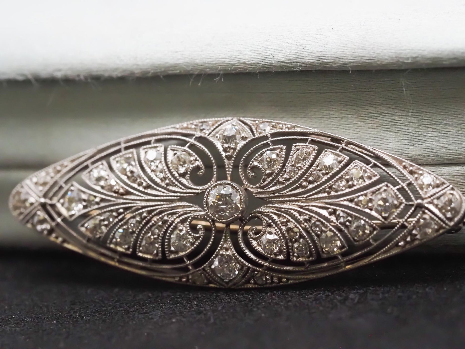 Estate Edwardian Platinum Navette Old European Diamond Brooch