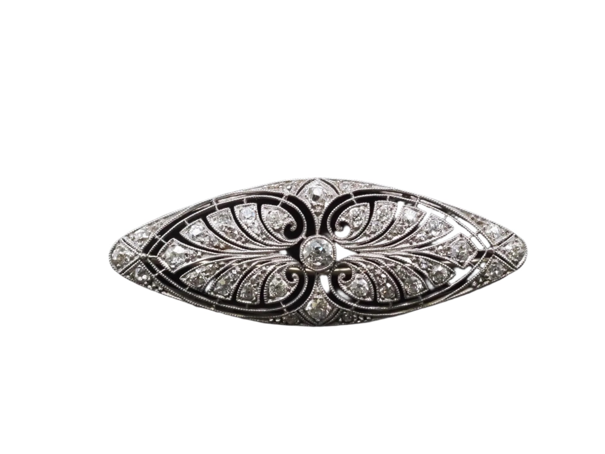 Estate Edwardian Platinum Navette Old European Diamond Brooch