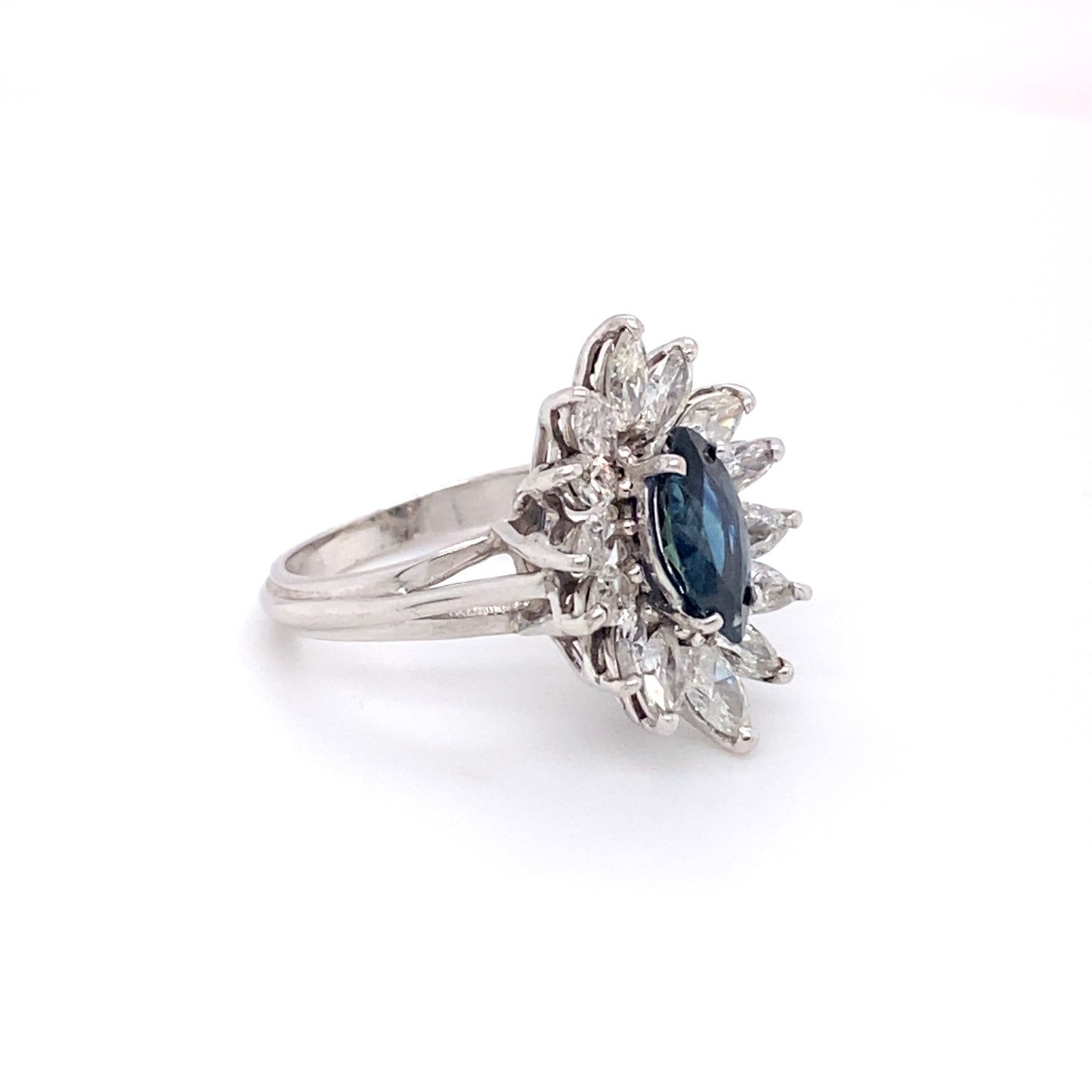 1950s Vintage Marquise Sapphire and Diamond Ring in 18K White Gold