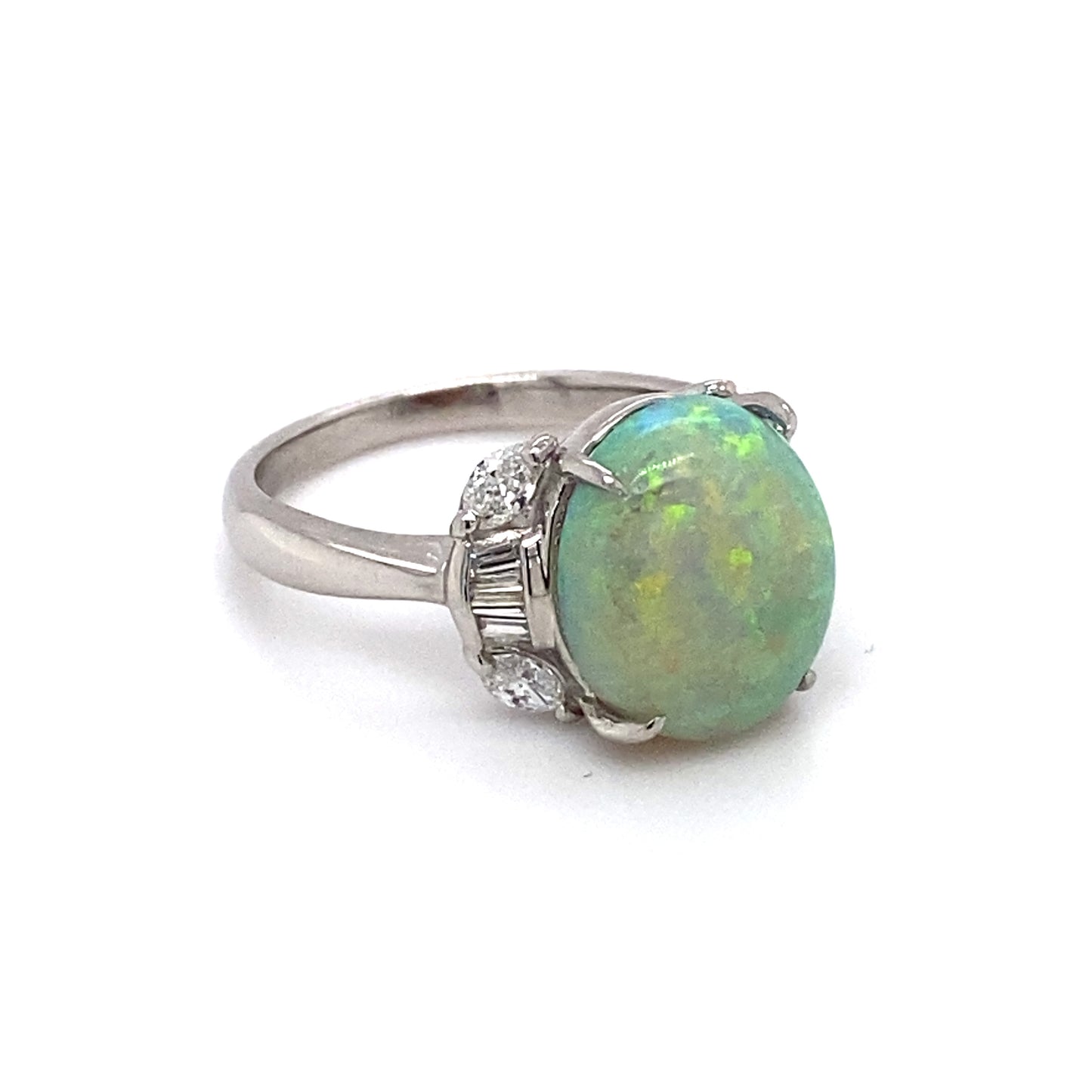 Circa 1950 4.41ct Opal and Diamond Ring in Platinum