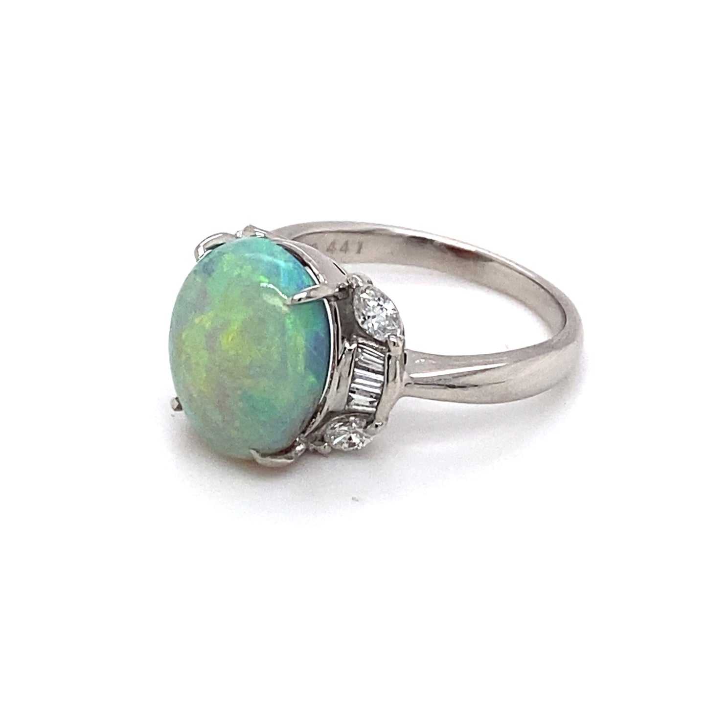 Circa 1950 4.41ct Opal and Diamond Ring in Platinum