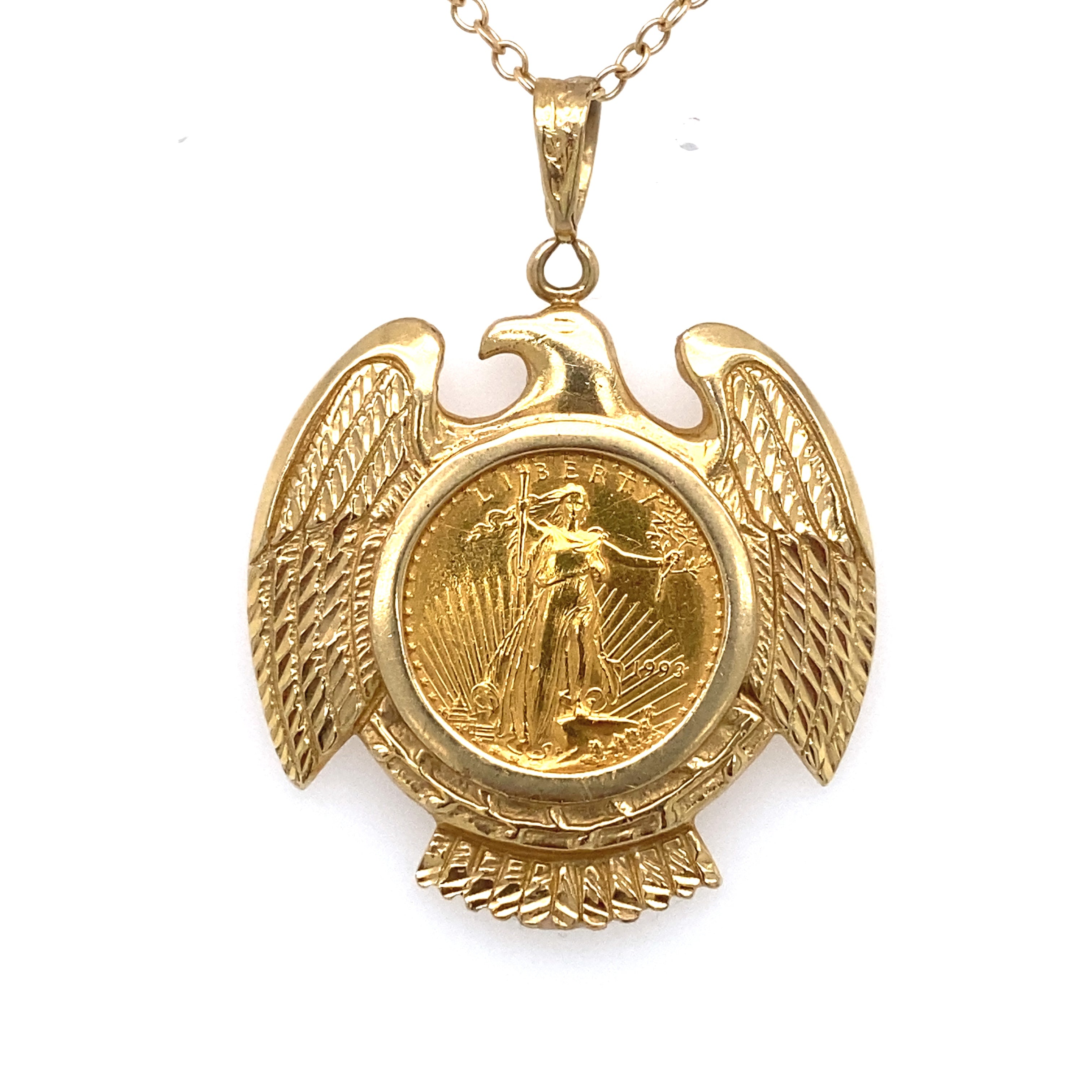 Circa 1980 1/10 Eagle Coin Pendant in 14 Karat Gold Frame