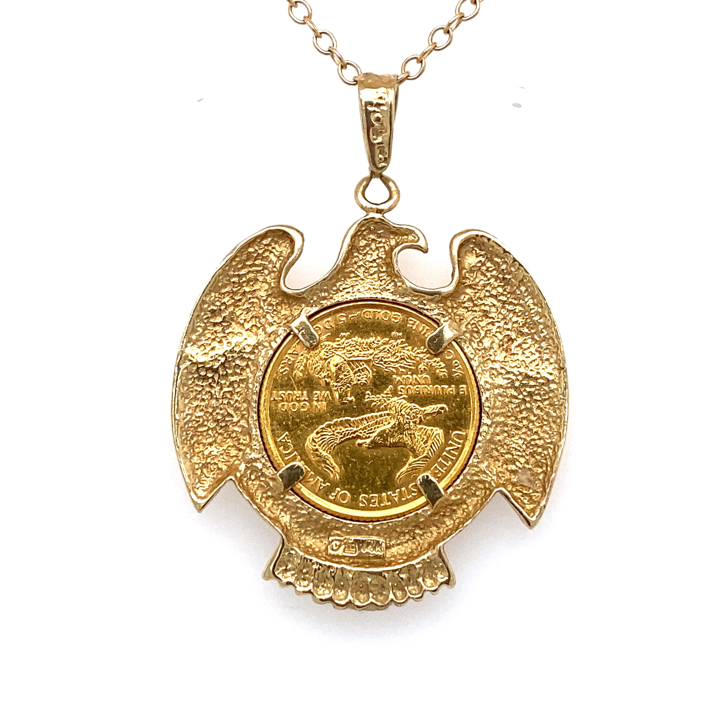 Circa 1980 1/10 Eagle Coin Pendant in 14 Karat Gold Frame