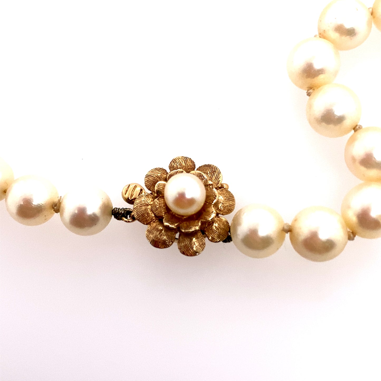 Circa 1980 15" 8mm Pearl Strand with Flower Clasp in 14K Gold