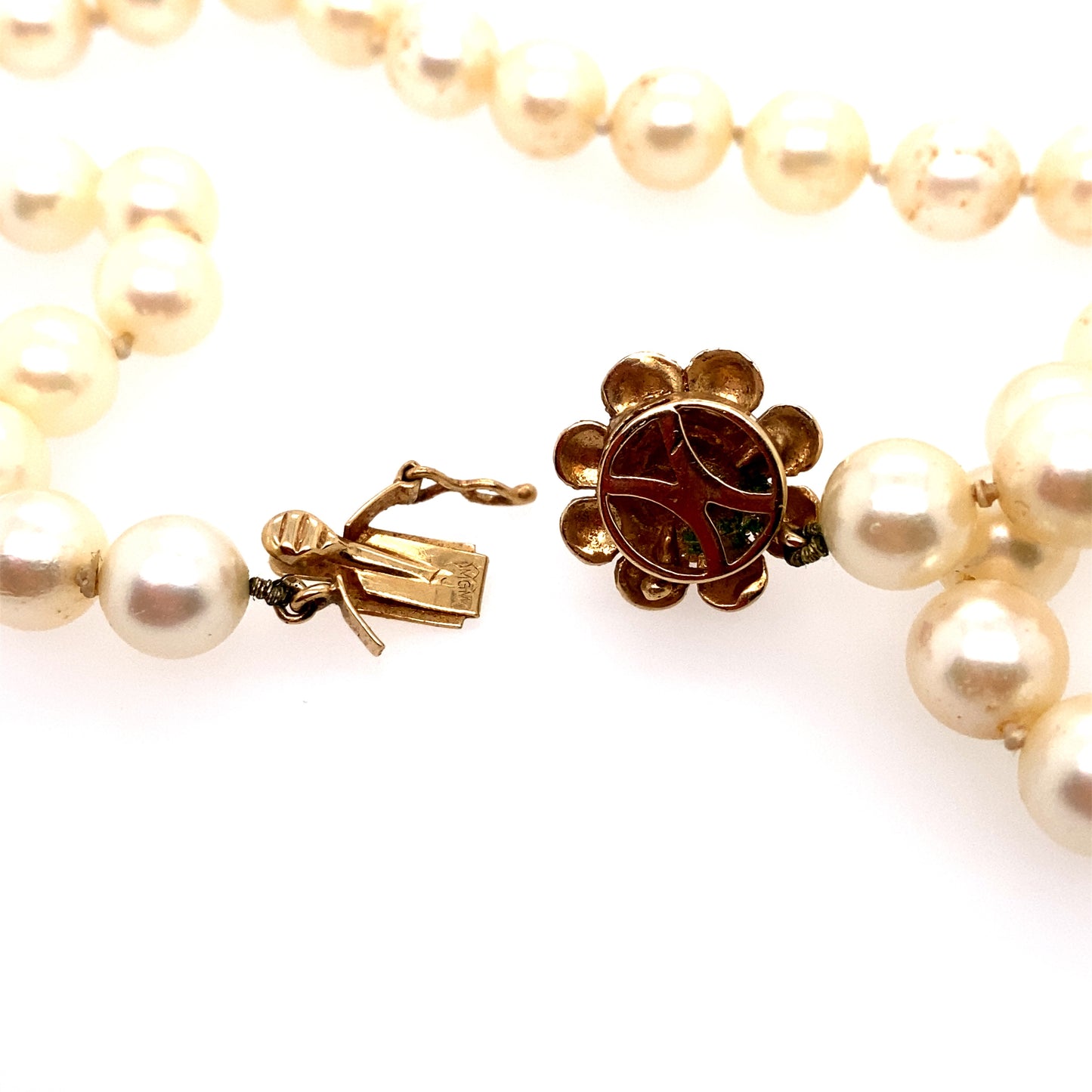 Circa 1980 15" 8mm Pearl Strand with Flower Clasp in 14K Gold