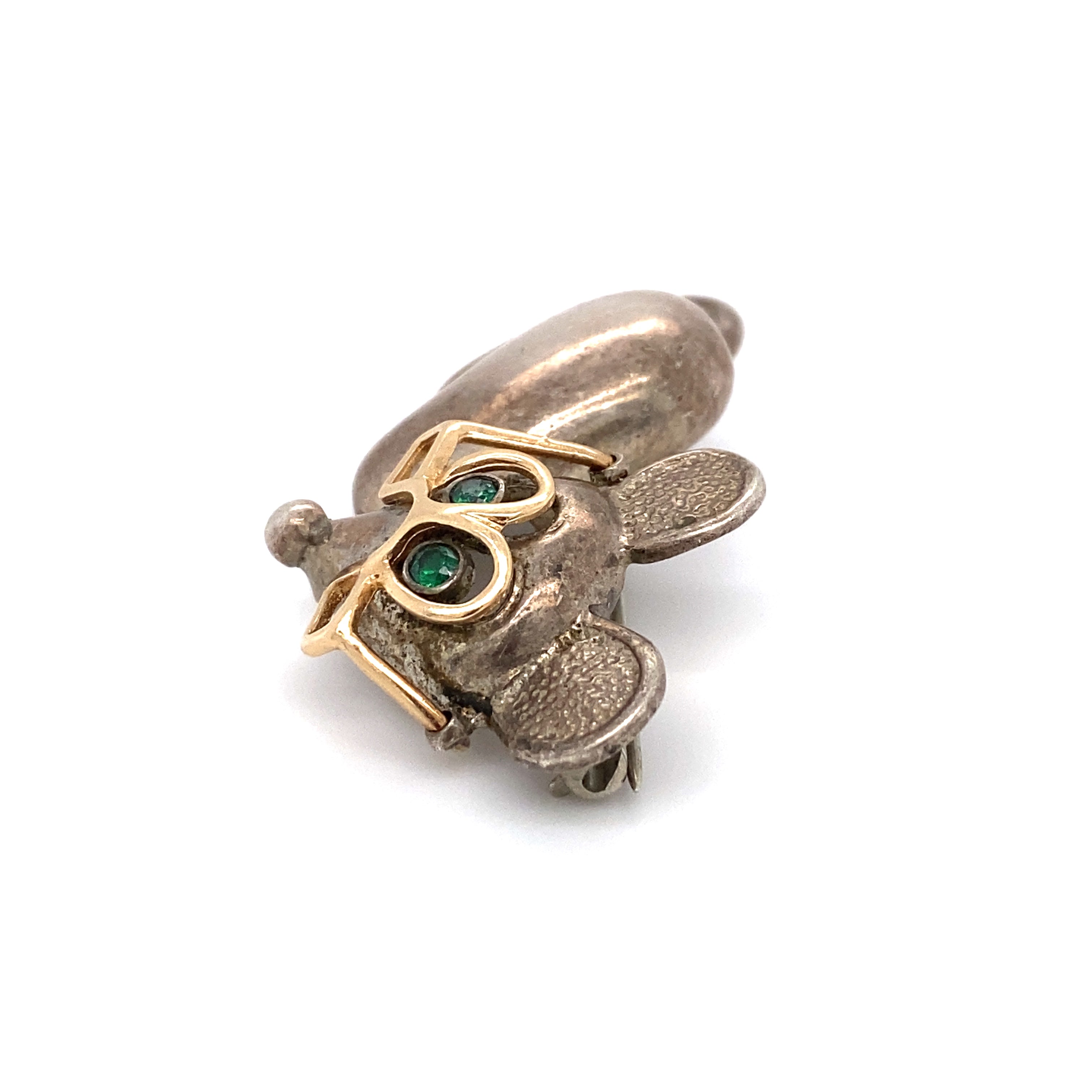 Circa 1950s Mouse Brooch with Green Glass Eyes in Sterling Silver 