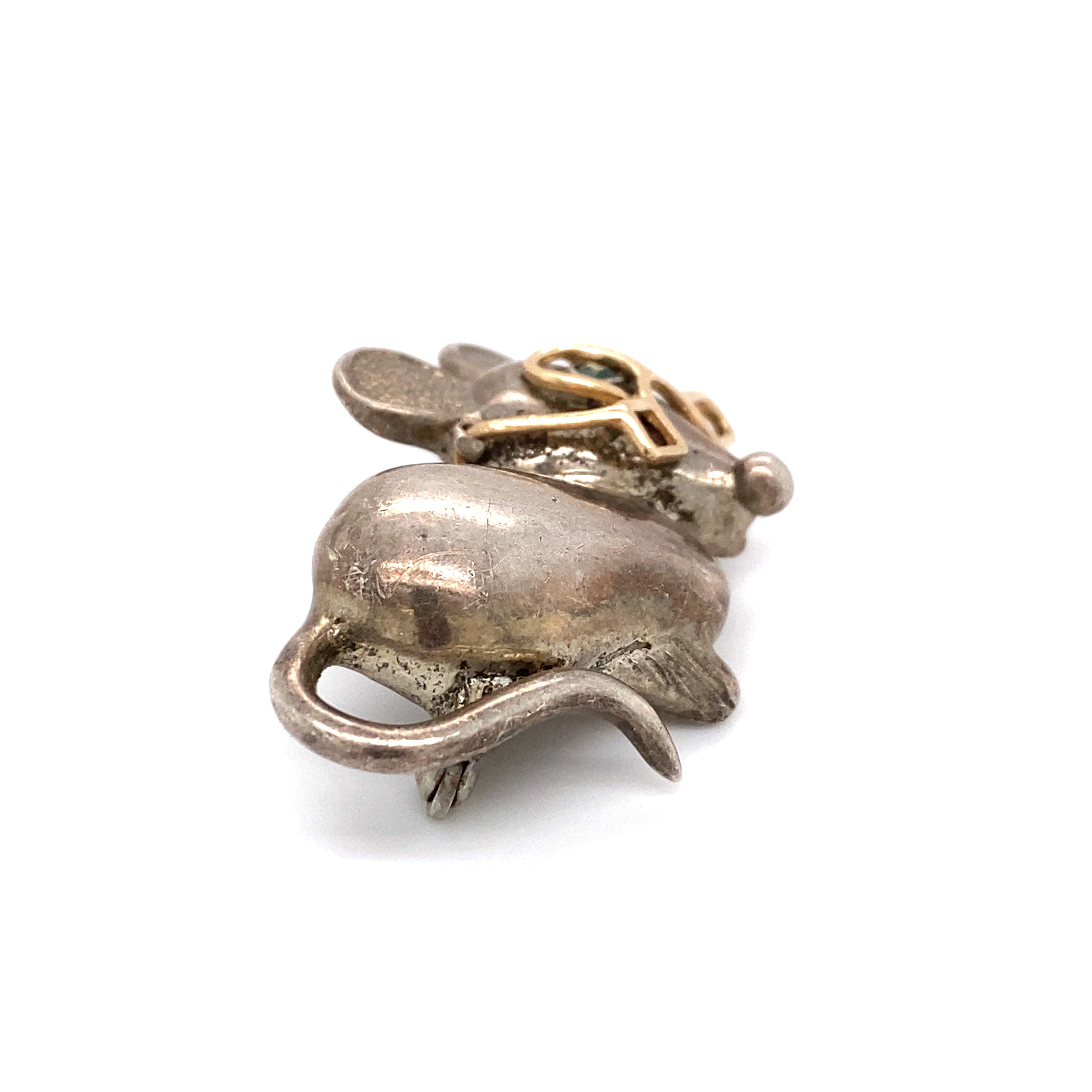 Circa 1950s Mouse Brooch with Green Glass Eyes in Sterling Silver 