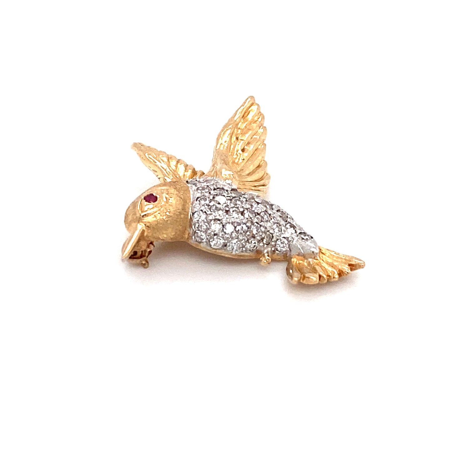 Circa 1940s Diamond Hummingbird Brooch in 14K Gold