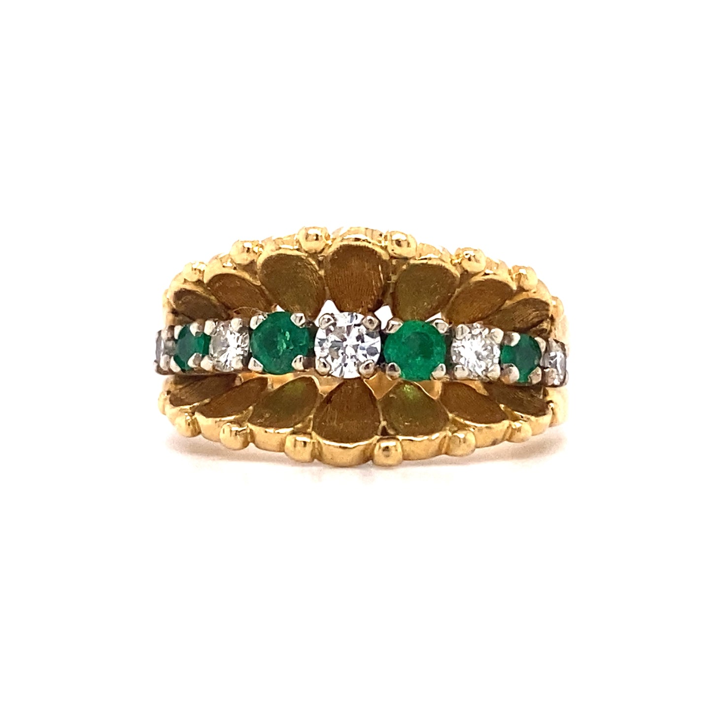 Circa 1980s Emerald and Diamond Scalloped Motif Ring in 18K Gold
