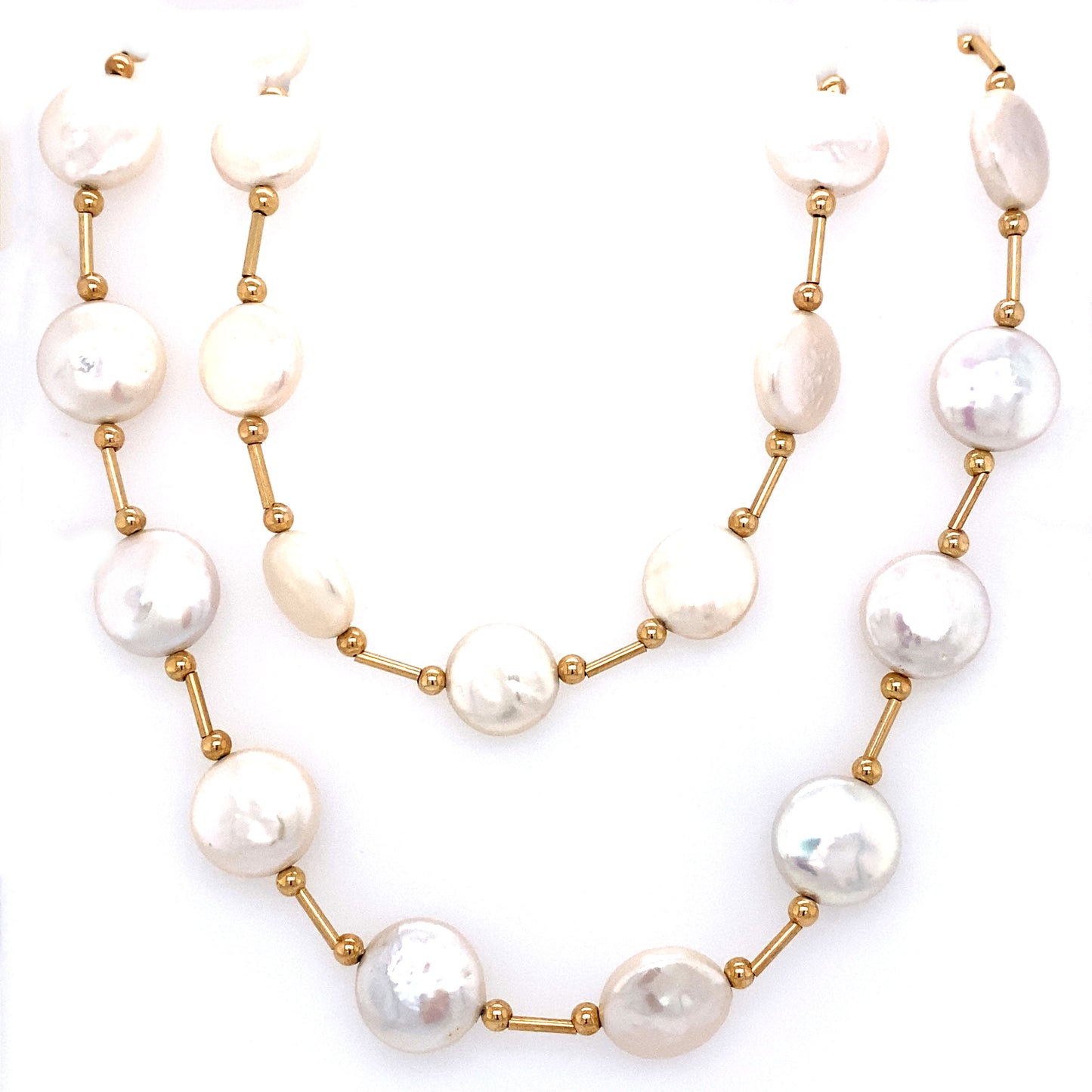 Circa 1960s 30 Inch 12mm Coin Pearl Station Necklace in 14K Gold