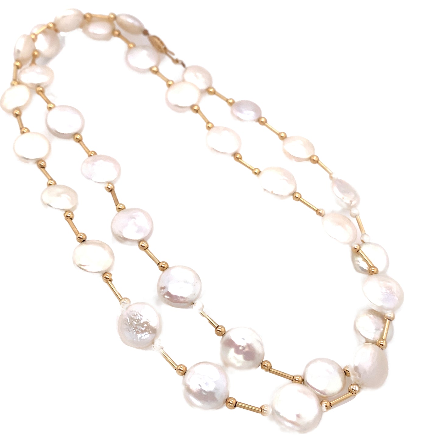 Circa 1960s 30 Inch 12mm Coin Pearl Station Necklace in 14K Gold