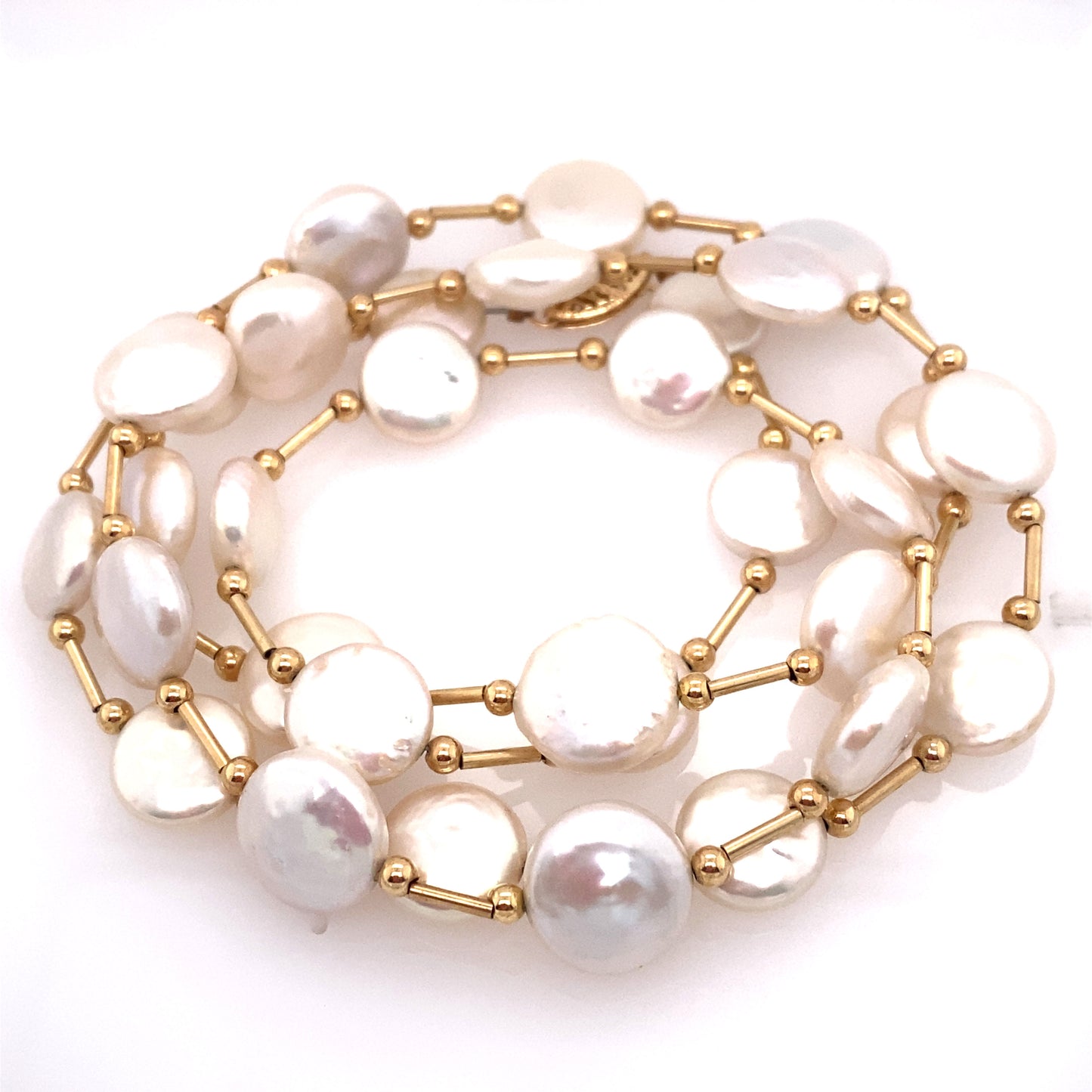 Circa 1960s 30 Inch 12mm Coin Pearl Station Necklace in 14K Gold