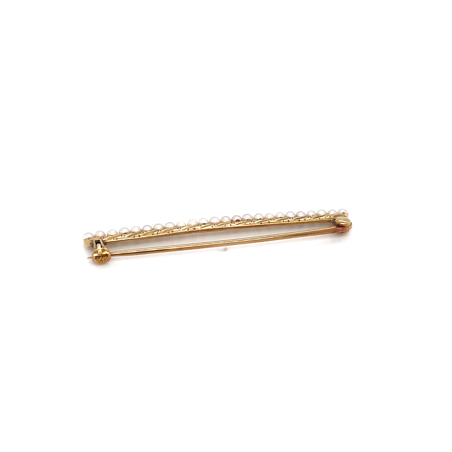 Circa 1920s Seed Pearl Bar Pin in 14K Gold