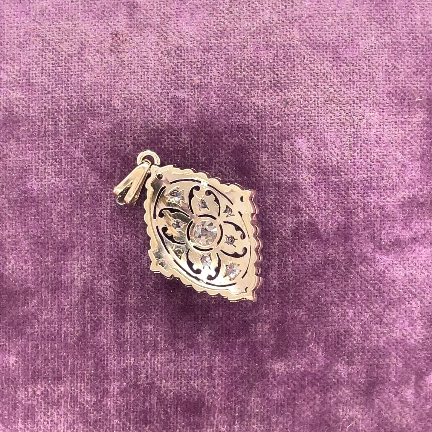 1940s 14K Gold Old European Cut Diamond Filigree Pendant