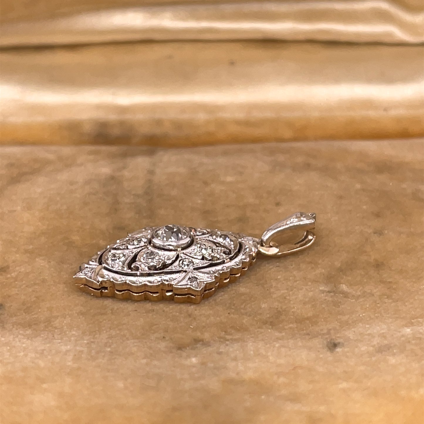 1940s 14K Gold Old European Cut Diamond Filigree Pendant