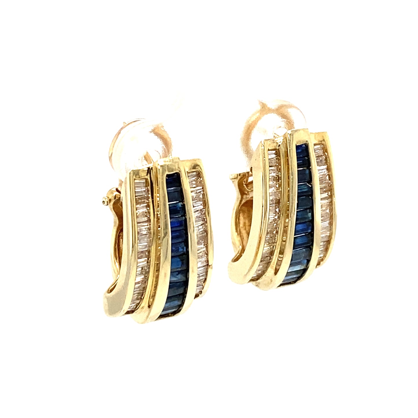 Circa 1950s Baguette Sapphire and Diamond J Hoop Earrings in 14K Gold