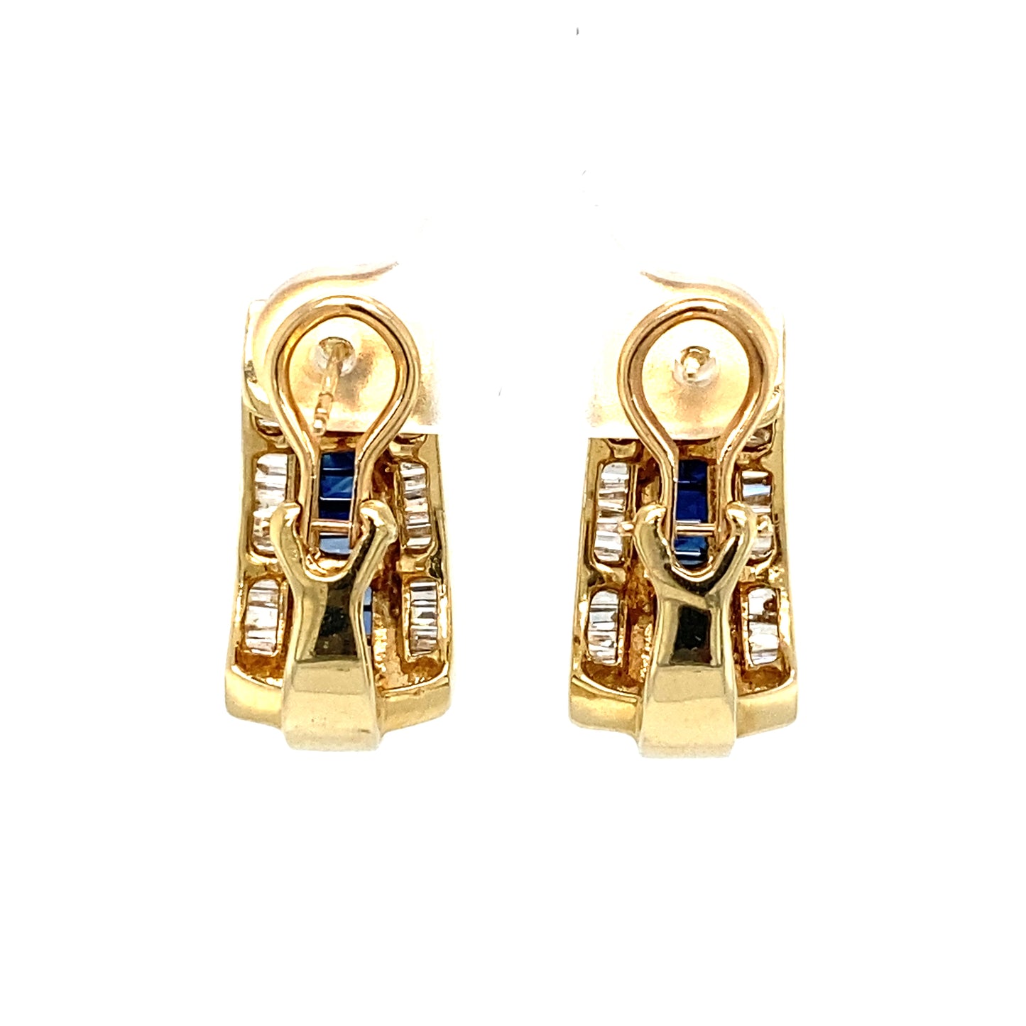 Circa 1950s Baguette Sapphire and Diamond J Hoop Earrings in 14K Gold