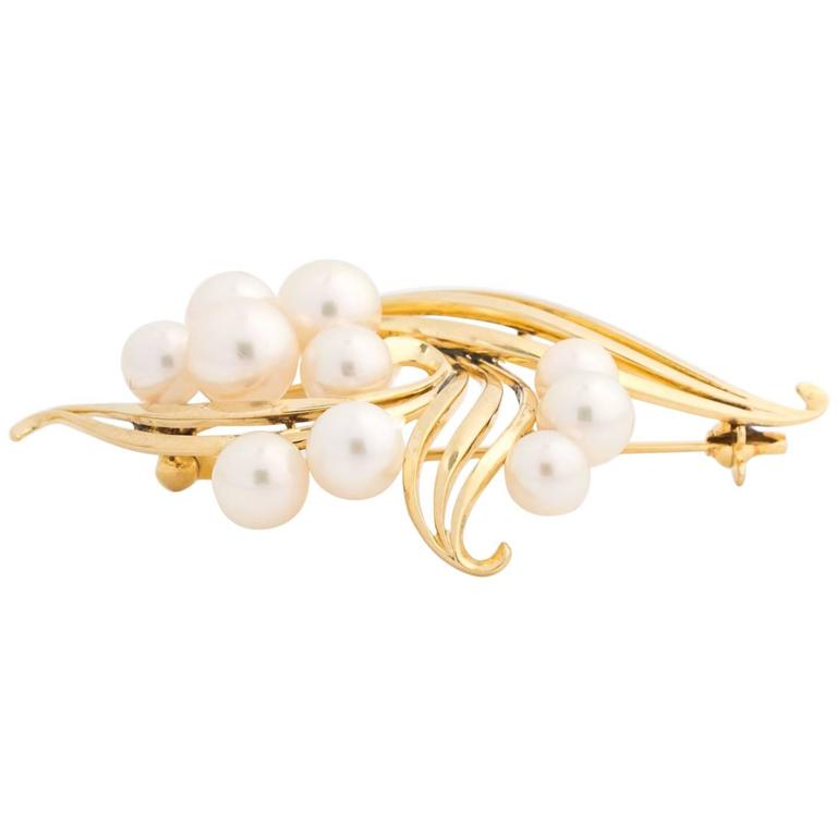 1960s Mikimoto Pearl & 14K Yellow Gold Brooch