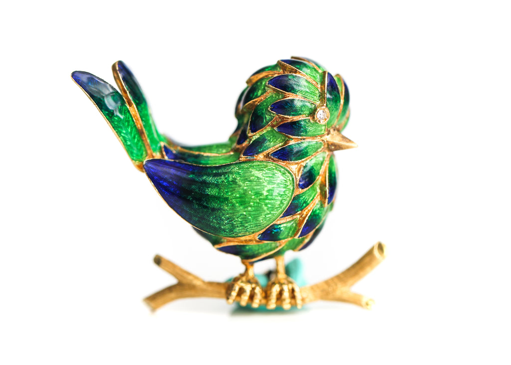 1960s 18K Gold, Enamel & Diamond Bird Pin - The Verma Group